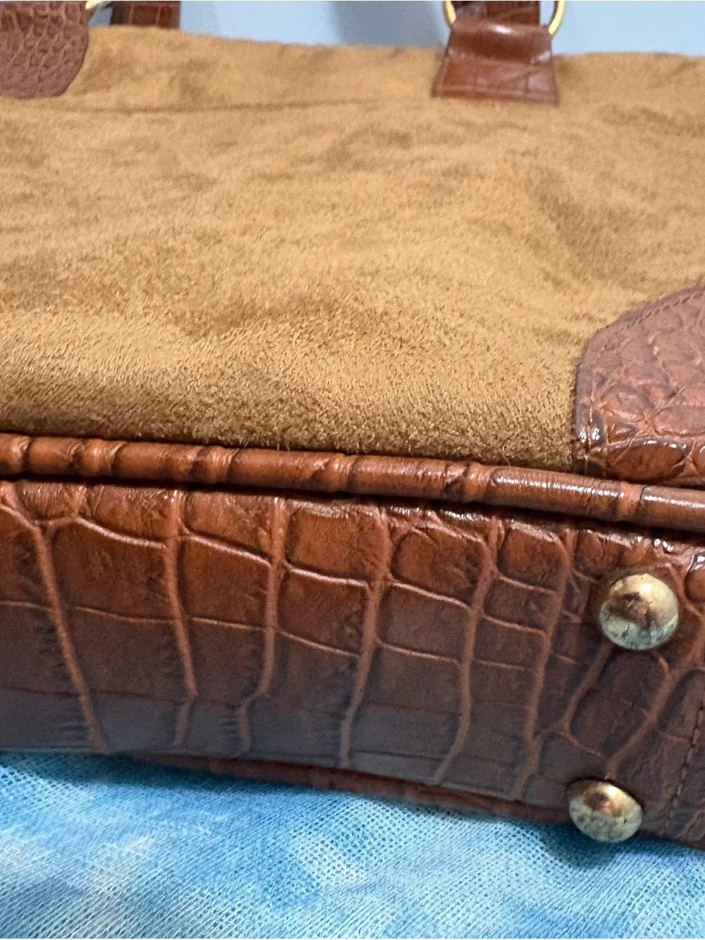 Brown Suede & Croc-Trim Laptop Tote Bag